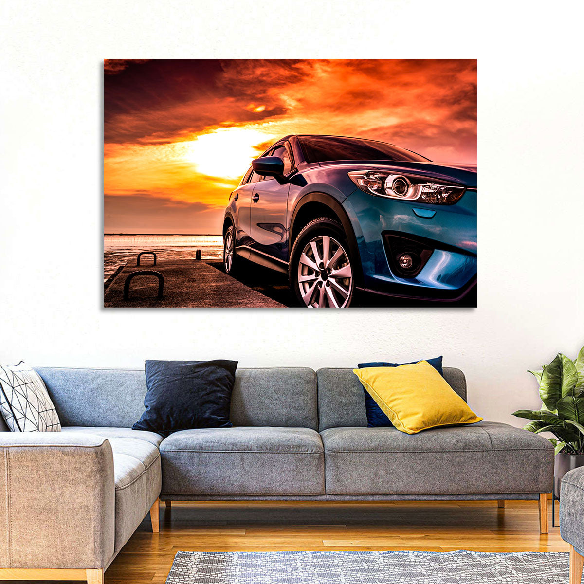 Suv on Pier at Sunset Wall Art in a room, landscape