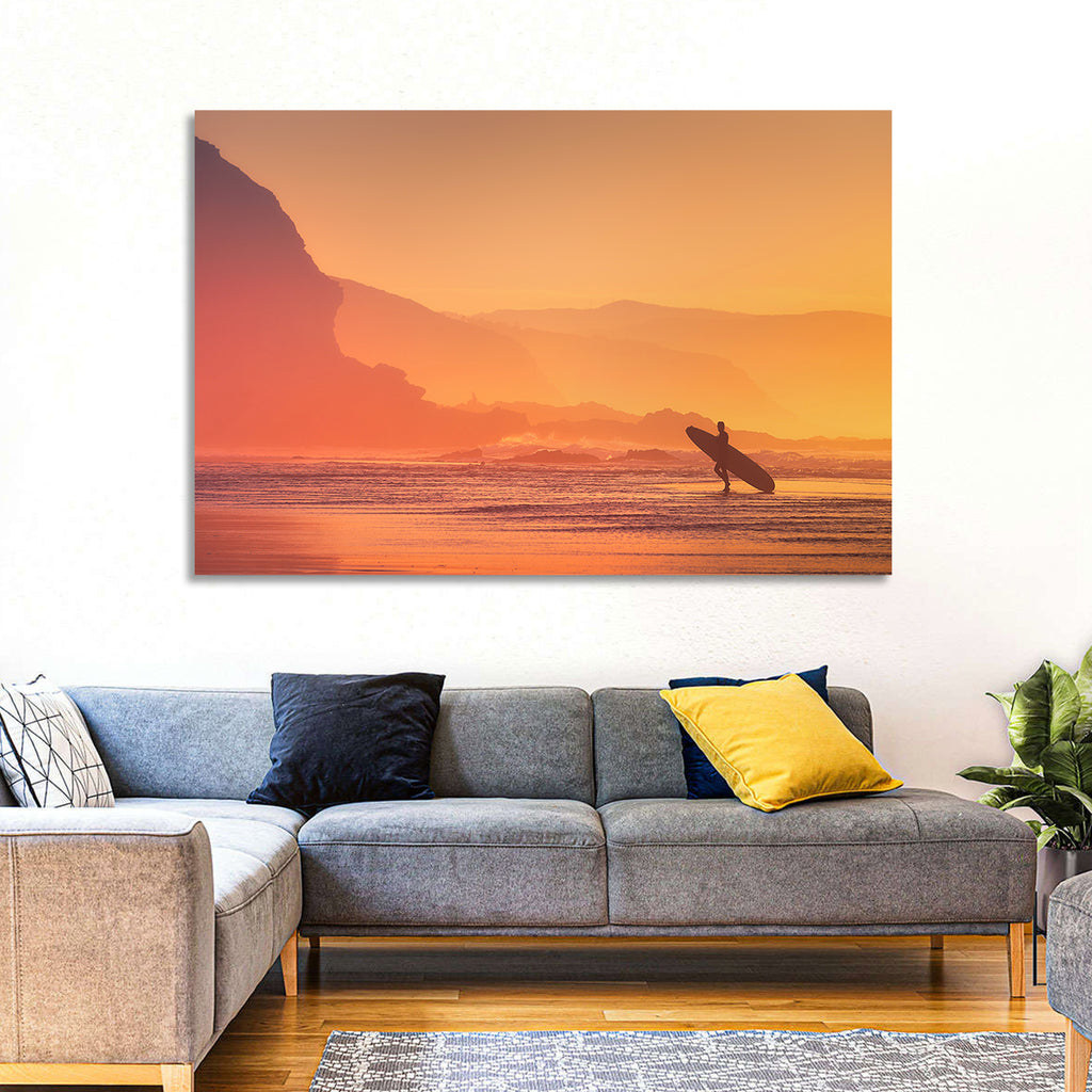 Surfer Silhouette at Golden Sunset Wall Art