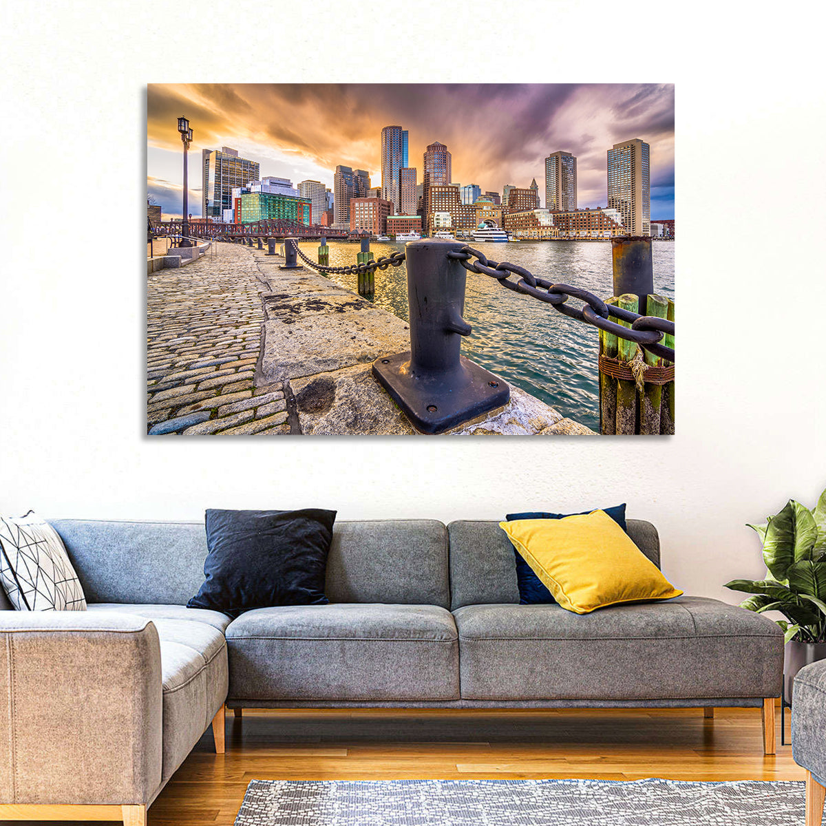 Boston Harbor at Dusk Wall Art in a room, landscape