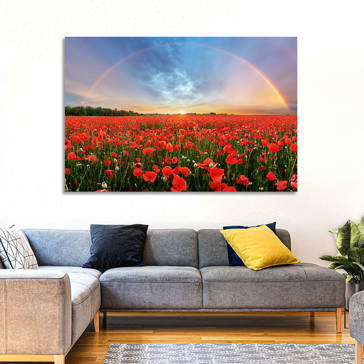 Poppy Field with Double Rainbow Wall Art in a room, landscape