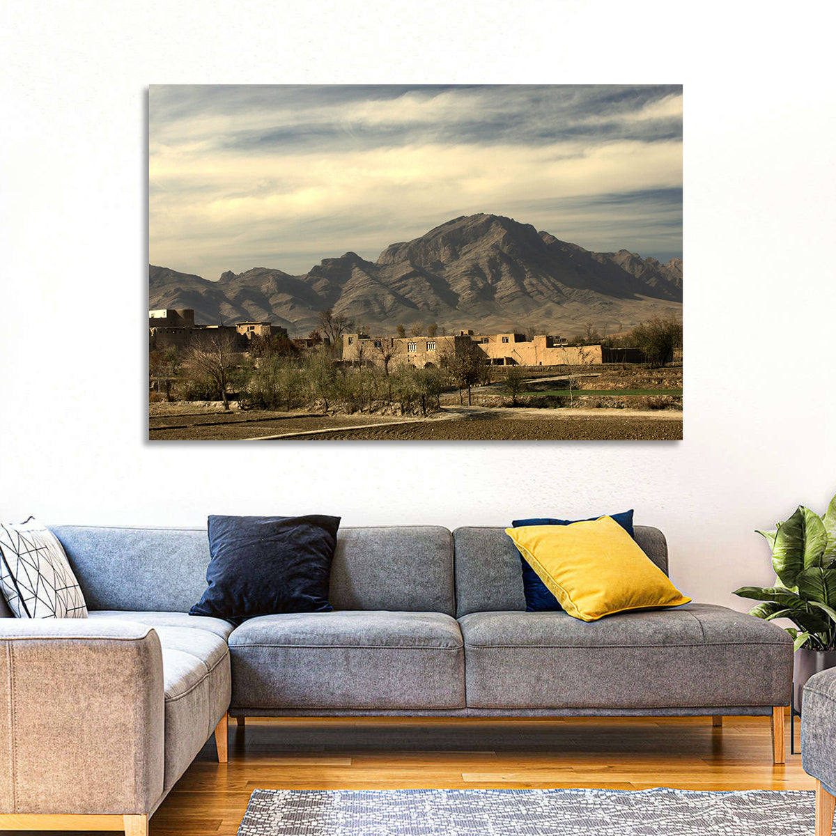 Afghan Mountain Village Wall Art in a room, landscape