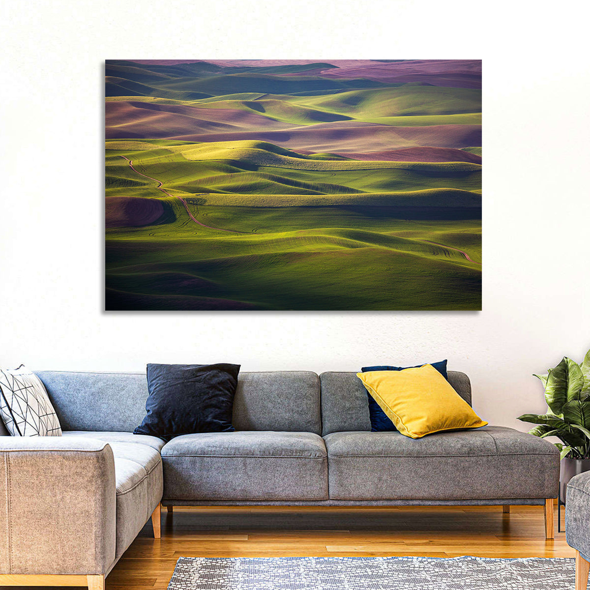Palouse Farmland at Golden Hour Wall Art in a room, landscape
