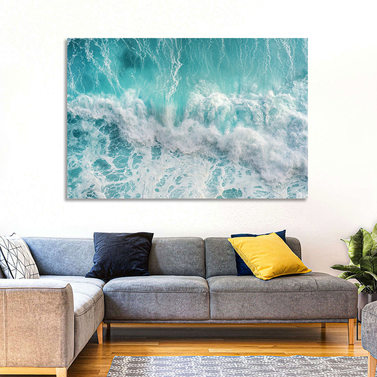 Top Down Turquoise Wave Wall Art in a room, landscape