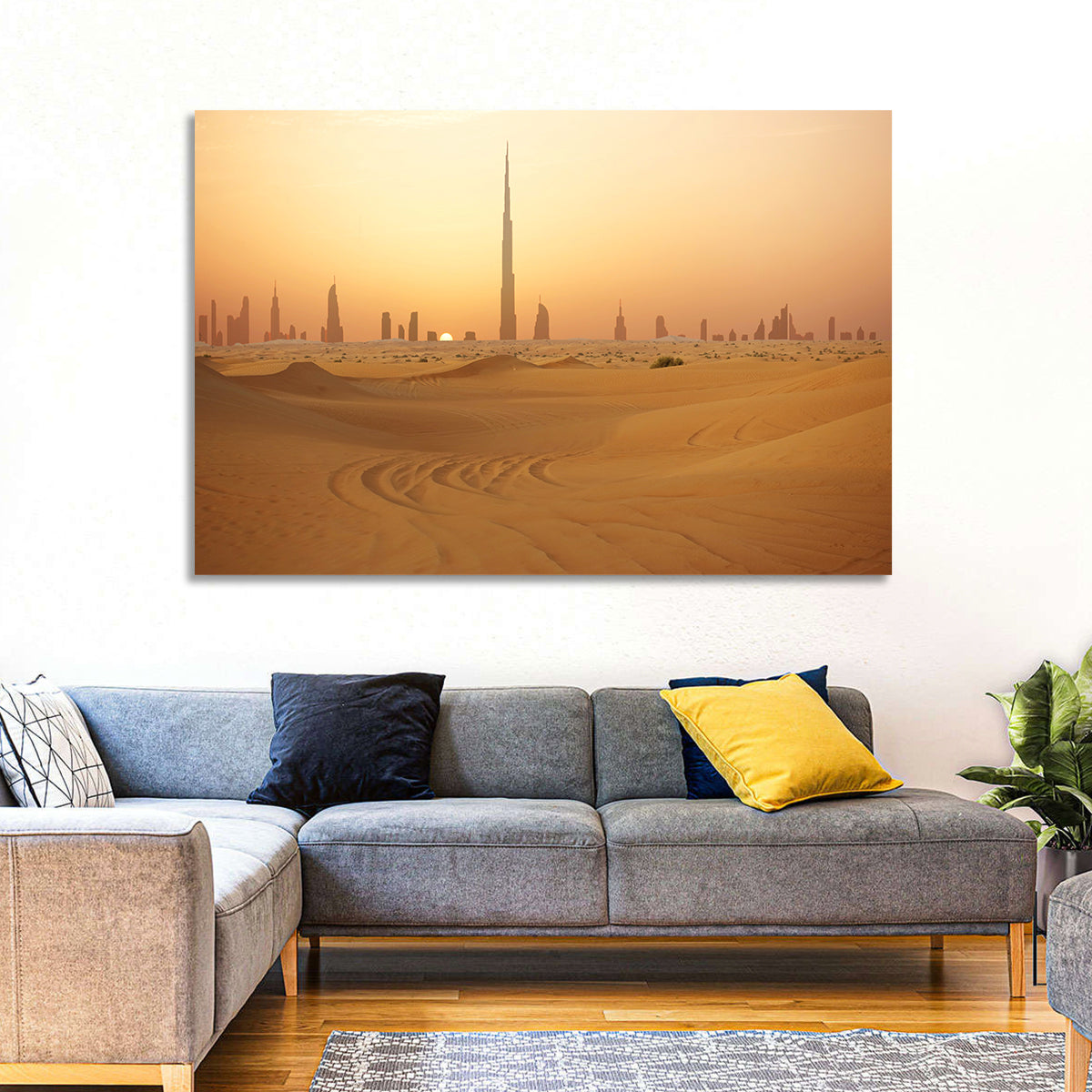 Dubai Skyline at Sunset Wall Art in a room, landscape