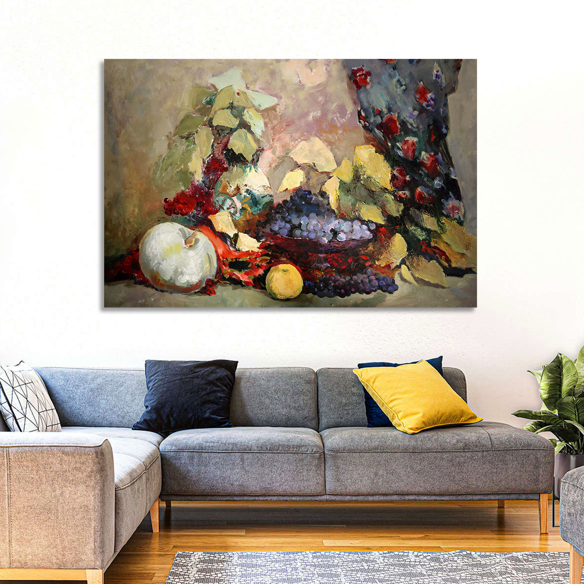 Grapes and Melon Still Life Wall Art in a room, landscape