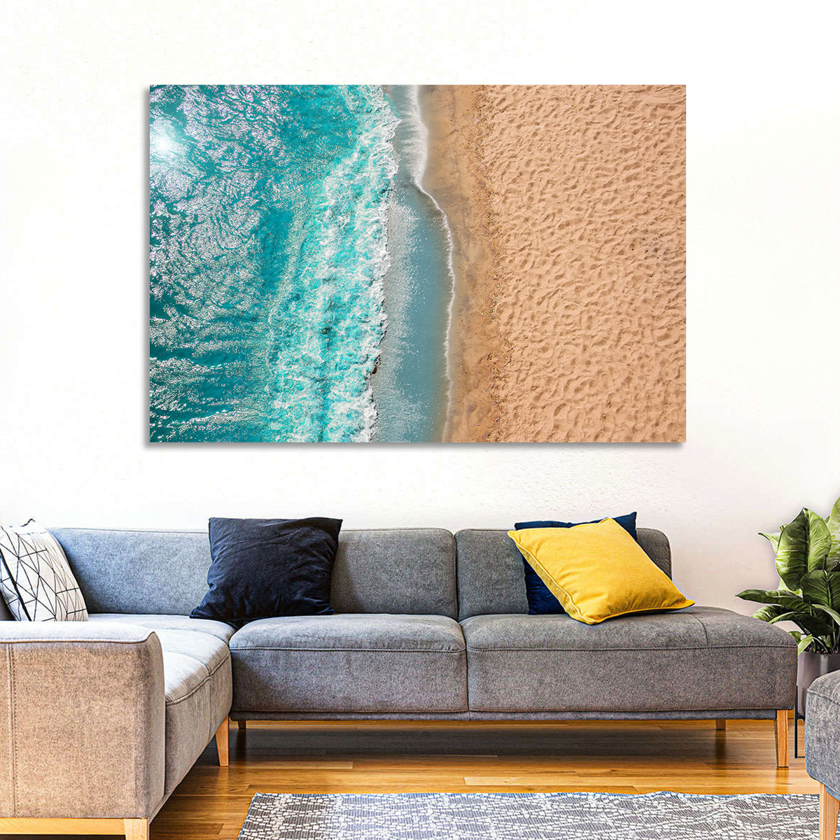 Turquoise Coastline Aerial Wall Art in a room, landscape