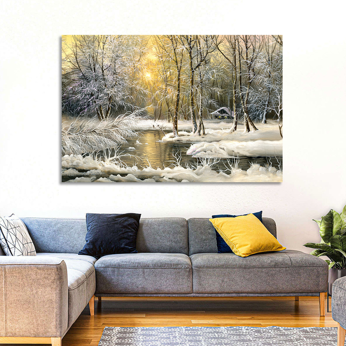 Sunlit Winter Cabin Wall Art in a room, landscape