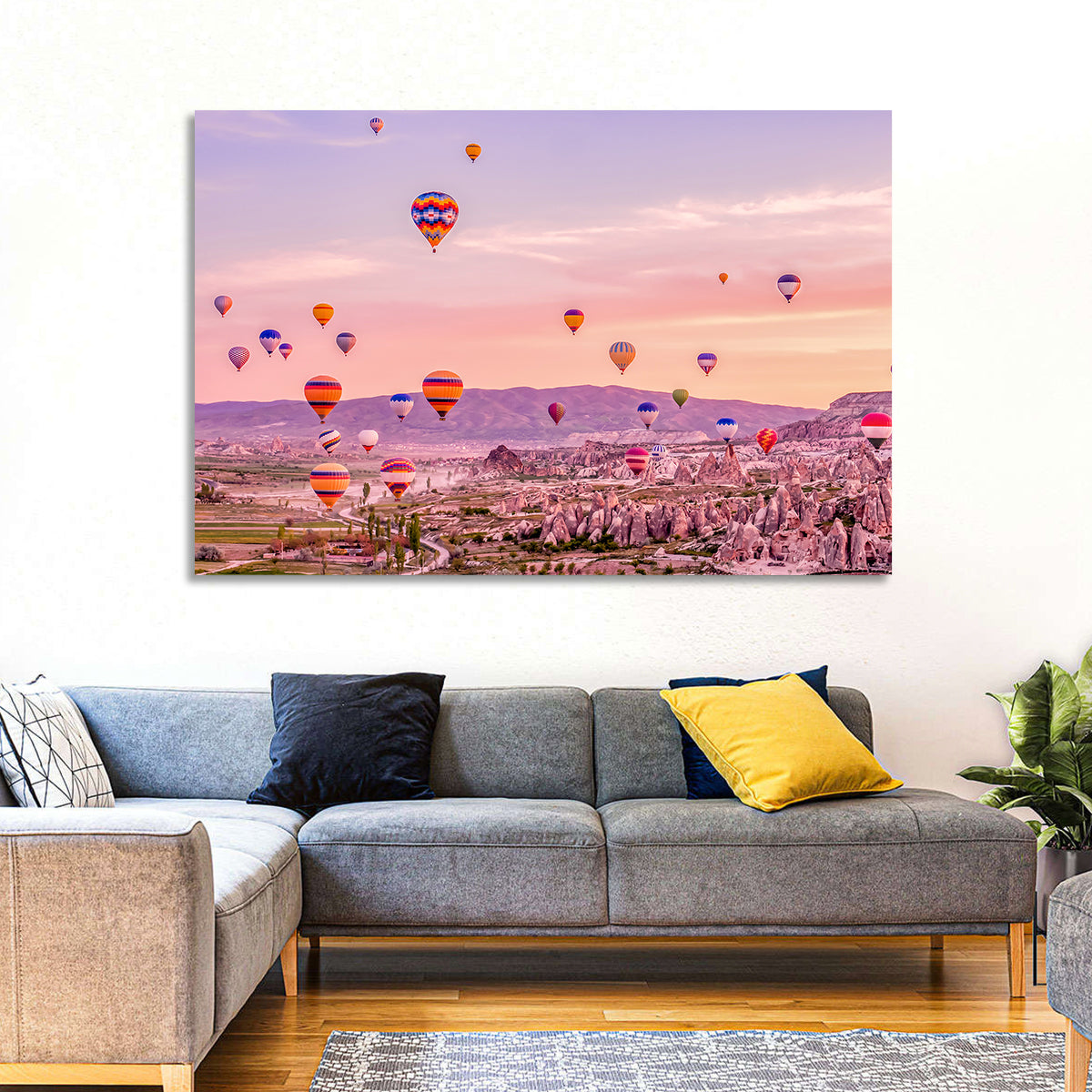 Cappadocia Hot Air Balloons Wall Art in a room, landscape