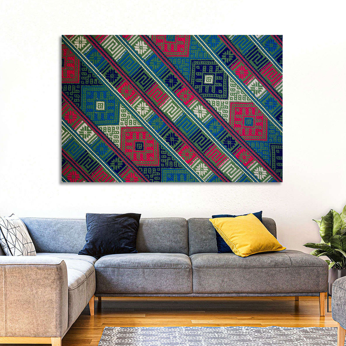Handwoven Geometric Textile Wall Art in a room, landscape