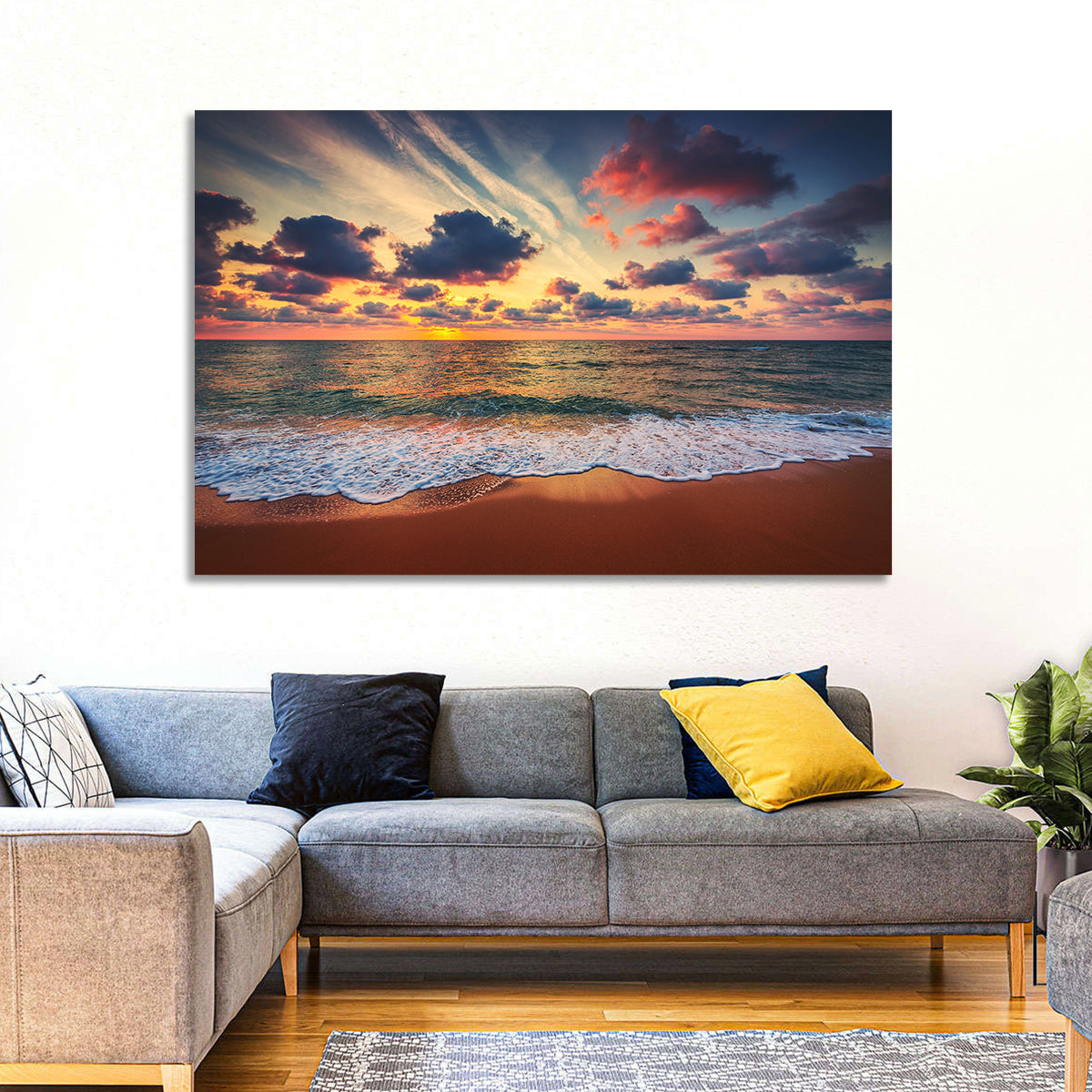 Golden Hour Beach Waves Under Cloudy Sky Wall Art in a room, landscape