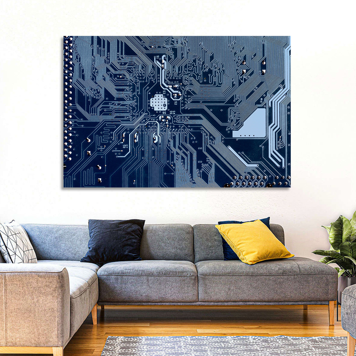 Blue Circuit Board Wall Art in a room, landscape