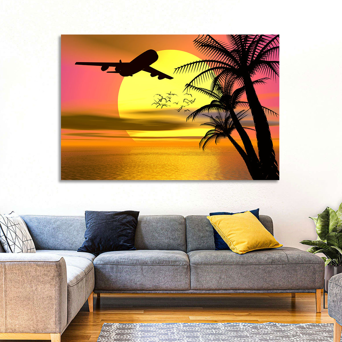 Wide-body Airplane Over Caribbean Dusk Wall Art in a room, landscape