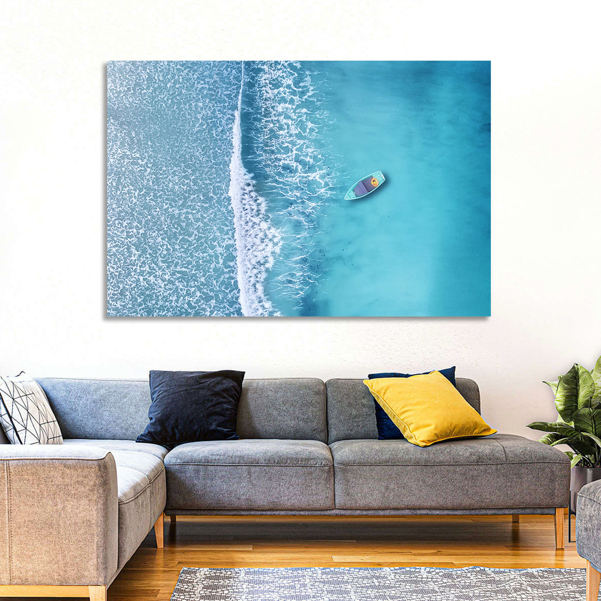Lone Boat Over Turquoise Waves Wall Art in a room, landscape