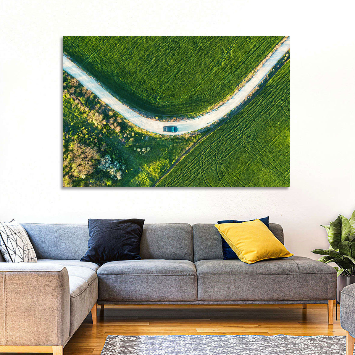 Aerial Farm Fields at Golden Hour Wall Art in a room, landscape