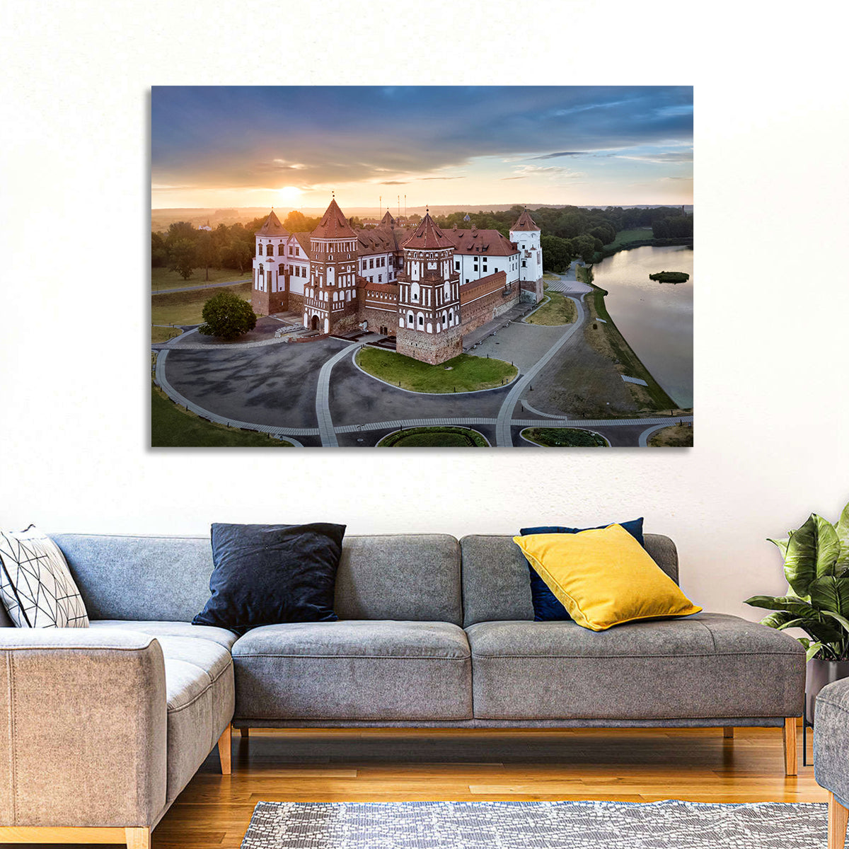 Mir Castle Sunrise Over Lake Wall Art in a room, landscape