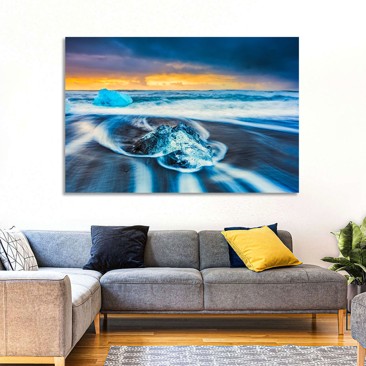 Diamond Beach Ice at Dusk Wall Art in a room, landscape
