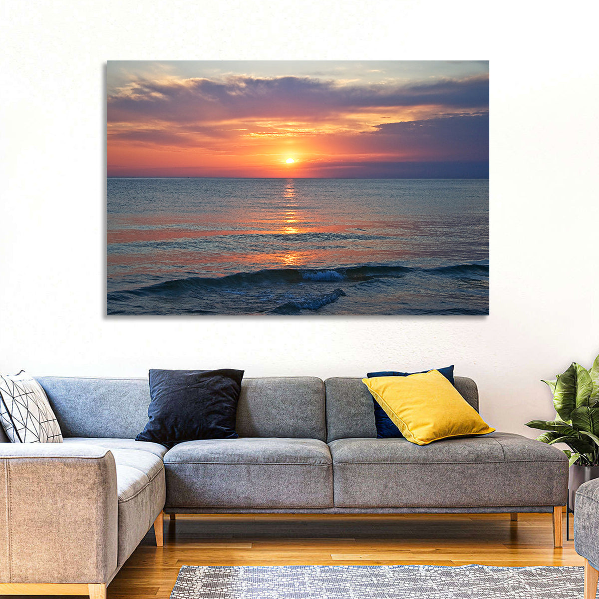 Lake Michigan Sunset Reflection Wall Art in a room, landscape