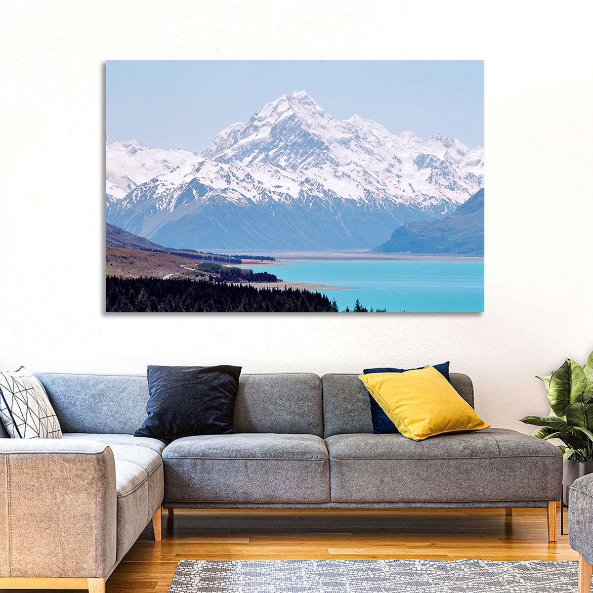Lake Pukaki and Aoraki Mount Cook Wall Art in a room, landscape