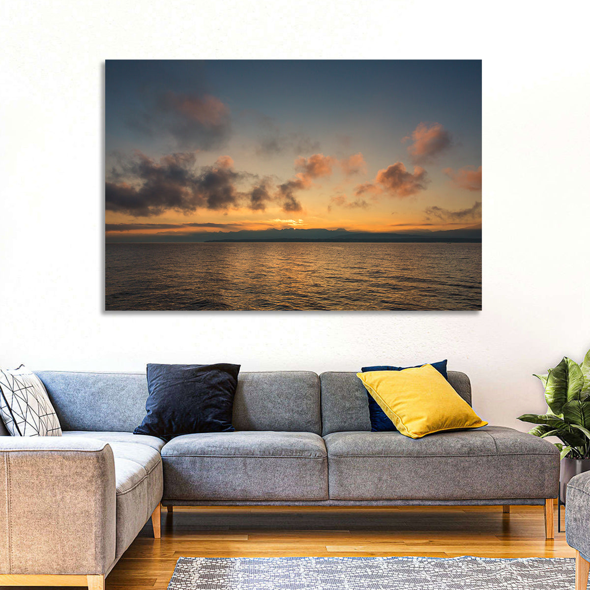 Lake Leman Golden Sunset Wall Art in a room, landscape
