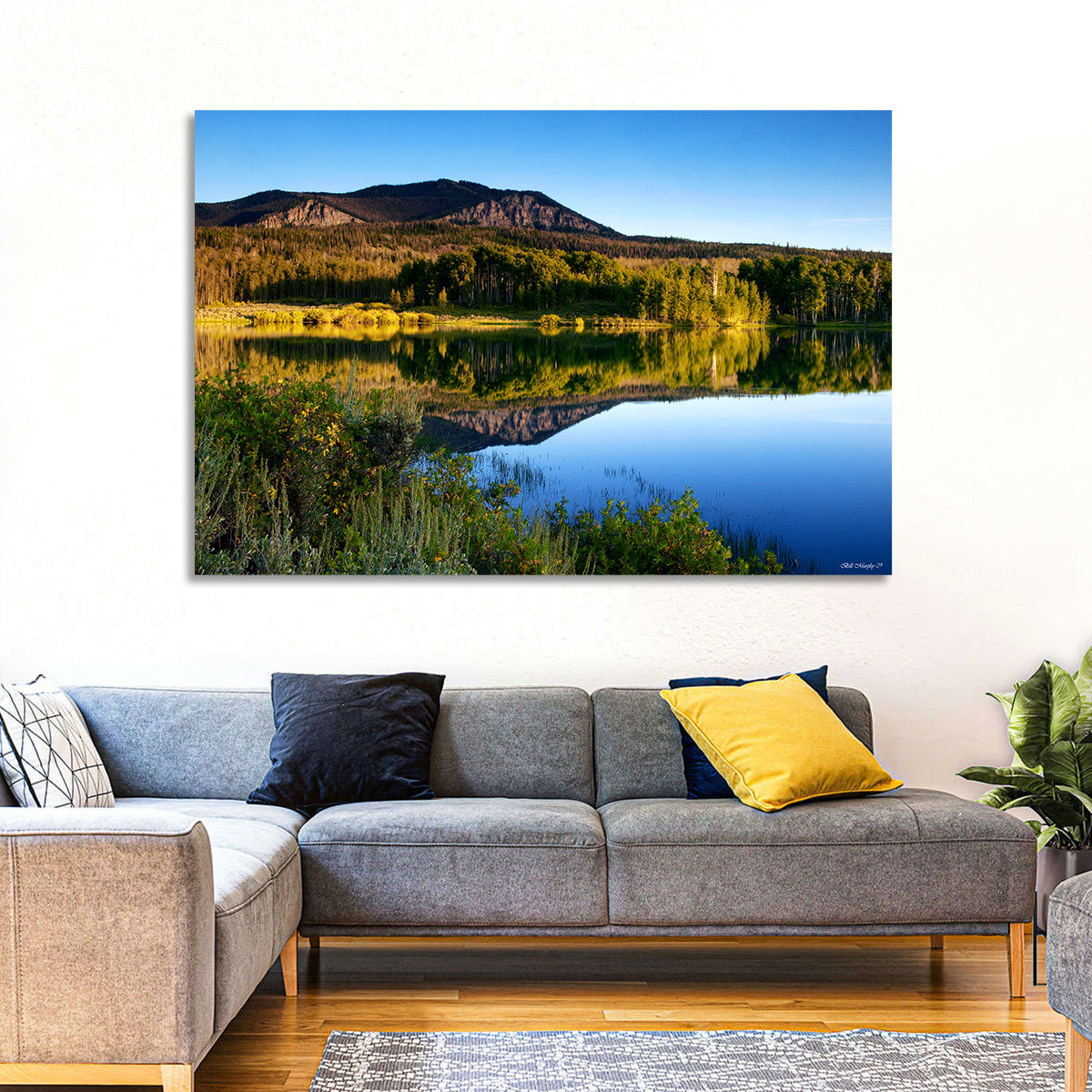 Golden Hour Mountain Lake Wall Art in a room, landscape