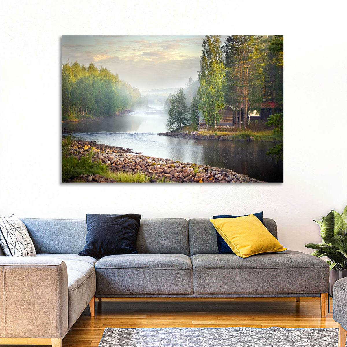 Misty River with Red Roof Cabin Wall Art