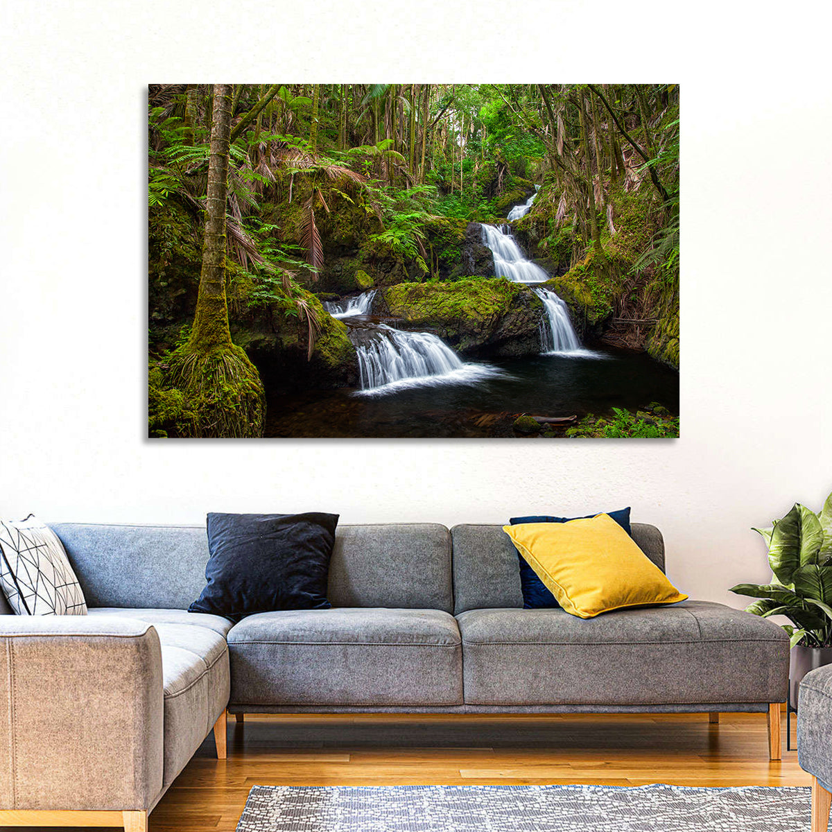 Onomea Falls Wall Art in a room, landscape