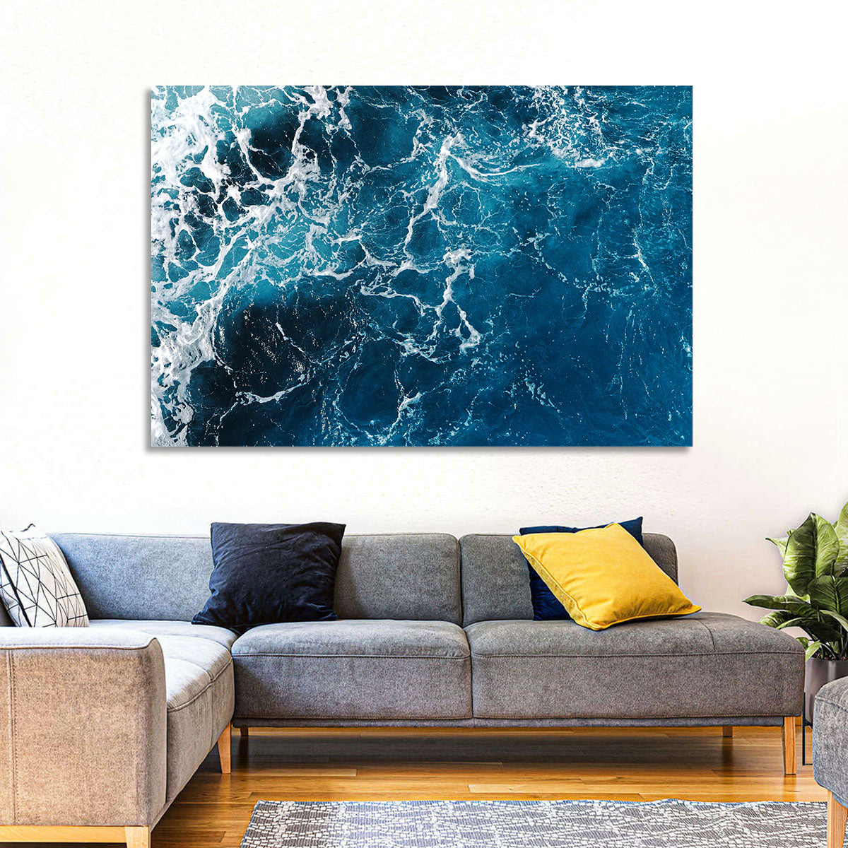 Aerial Sea Texture Wall Art in a room, landscape