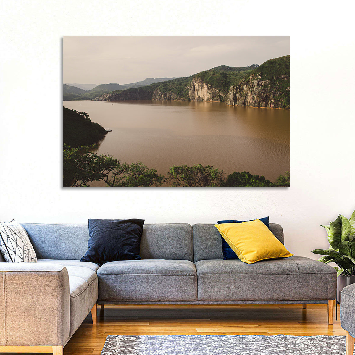 Lake Nyos Cliff View Wall Art in a room, landscape