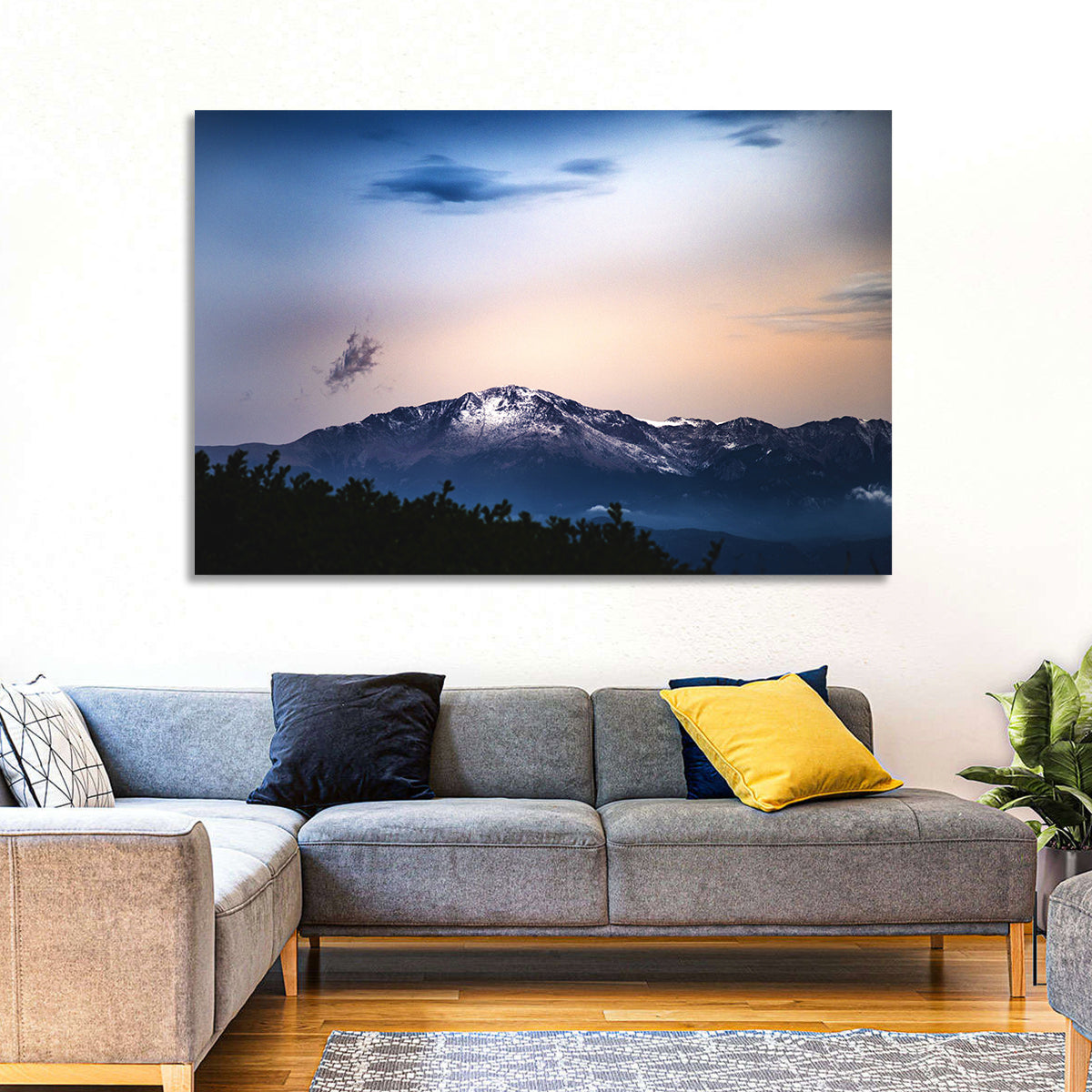 Snow-capped Pikes Peak at Dusk Wall Art in a room, landscape