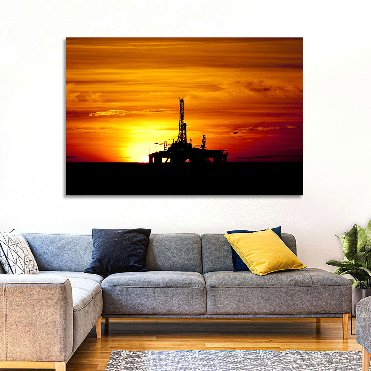 Offshore Oil Rig at Sunset Wall Art in a room, landscape