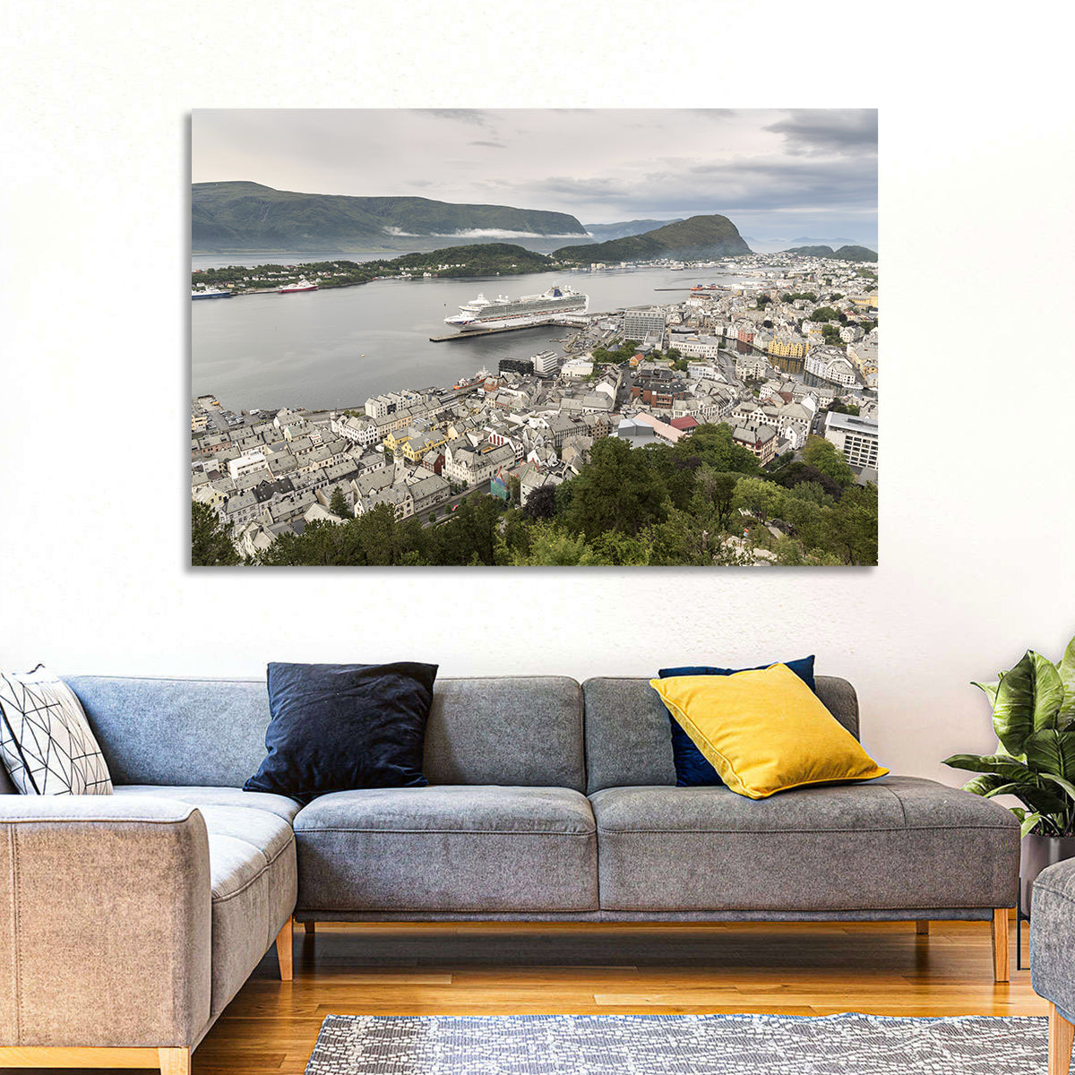 Alesund Harbor Cityscape Wall Art in a room, landscape