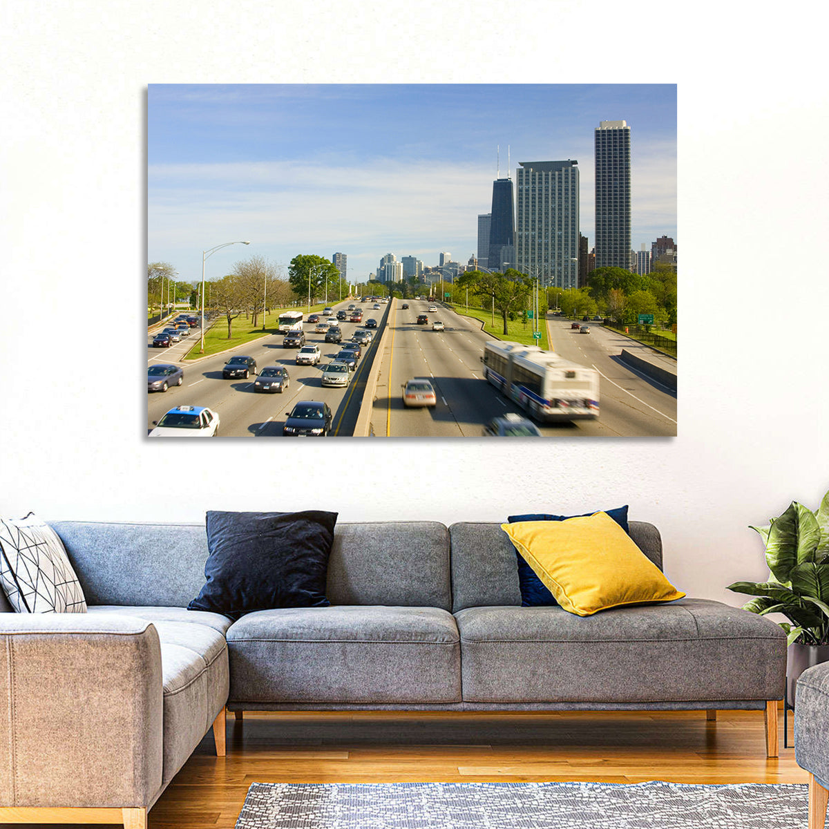 Chicago Expressway Toward Downtown Skyline Wall Art in a room, landscape