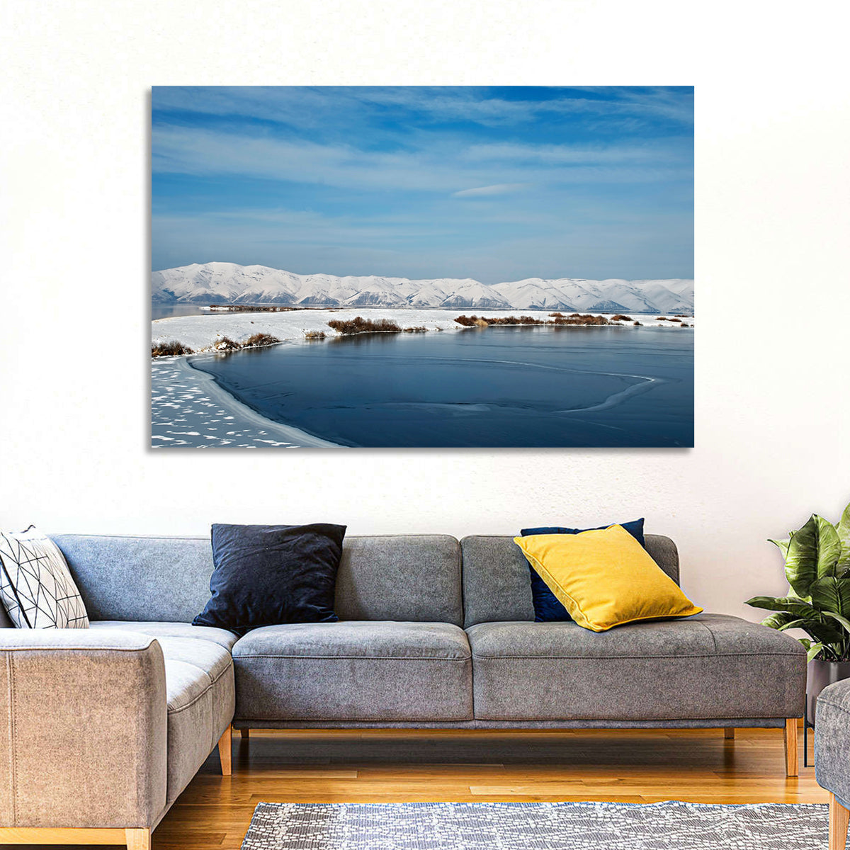 Lake Sevan Winter Landscape Wall Art in a room, landscape