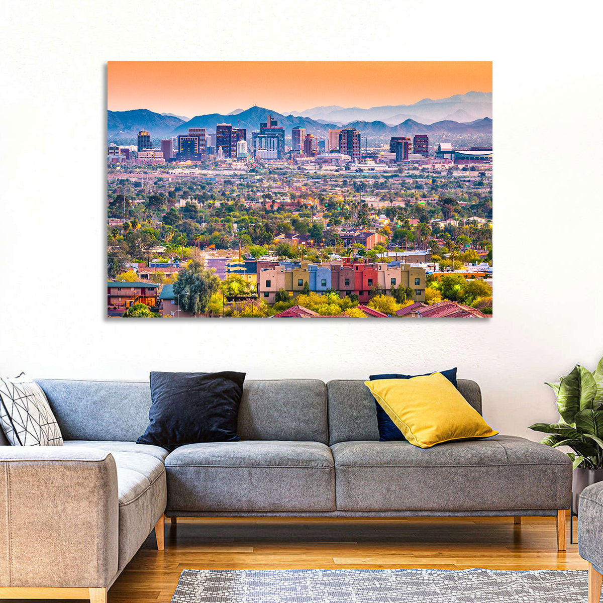 Phoenix Golden Hour Cityscape Wall Art in a room, landscape