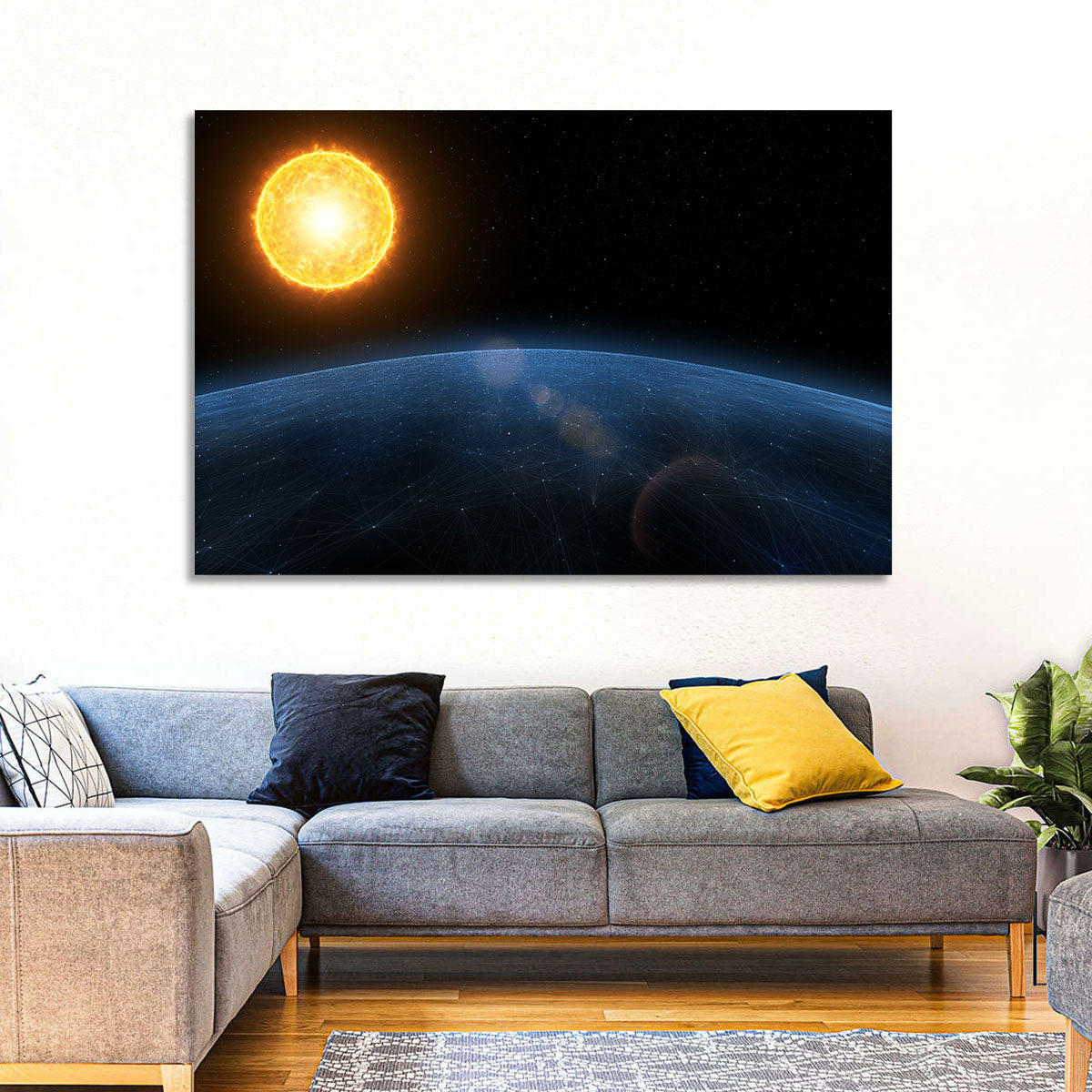Alien Planet and Sun Wall Art in a room, landscape