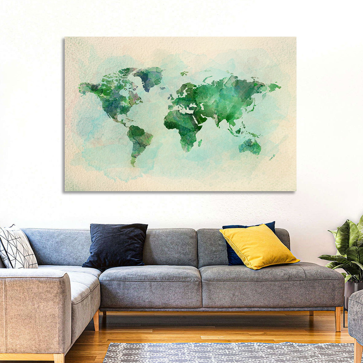 Green Watercolor World Map Wall Art in a room, landscape