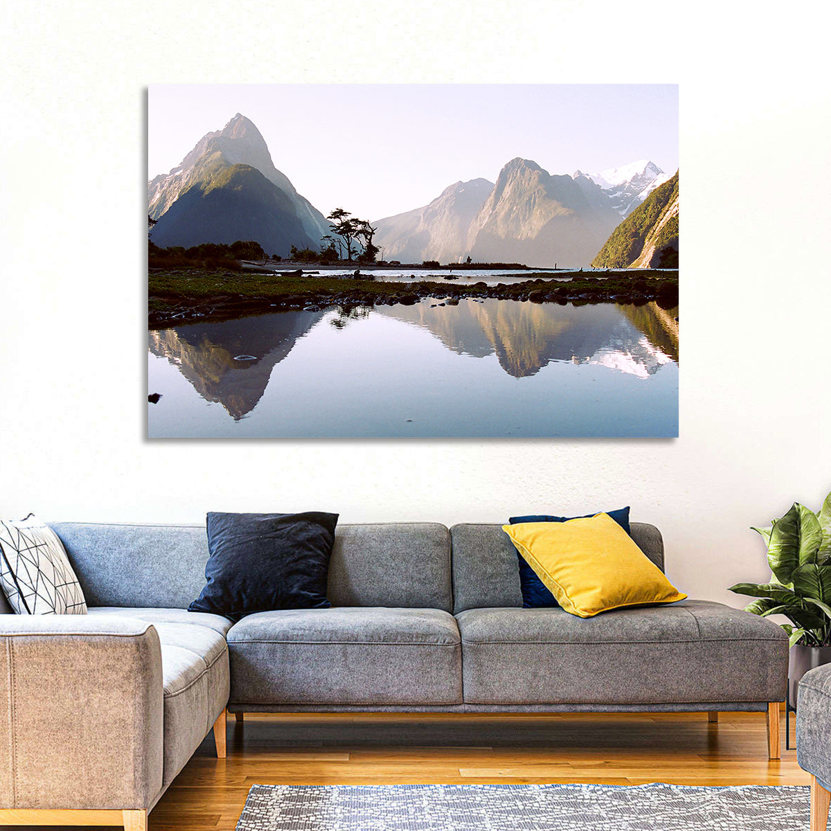 Mitre Peak Reflection at Milford Sound Wall Art in a room, landscape