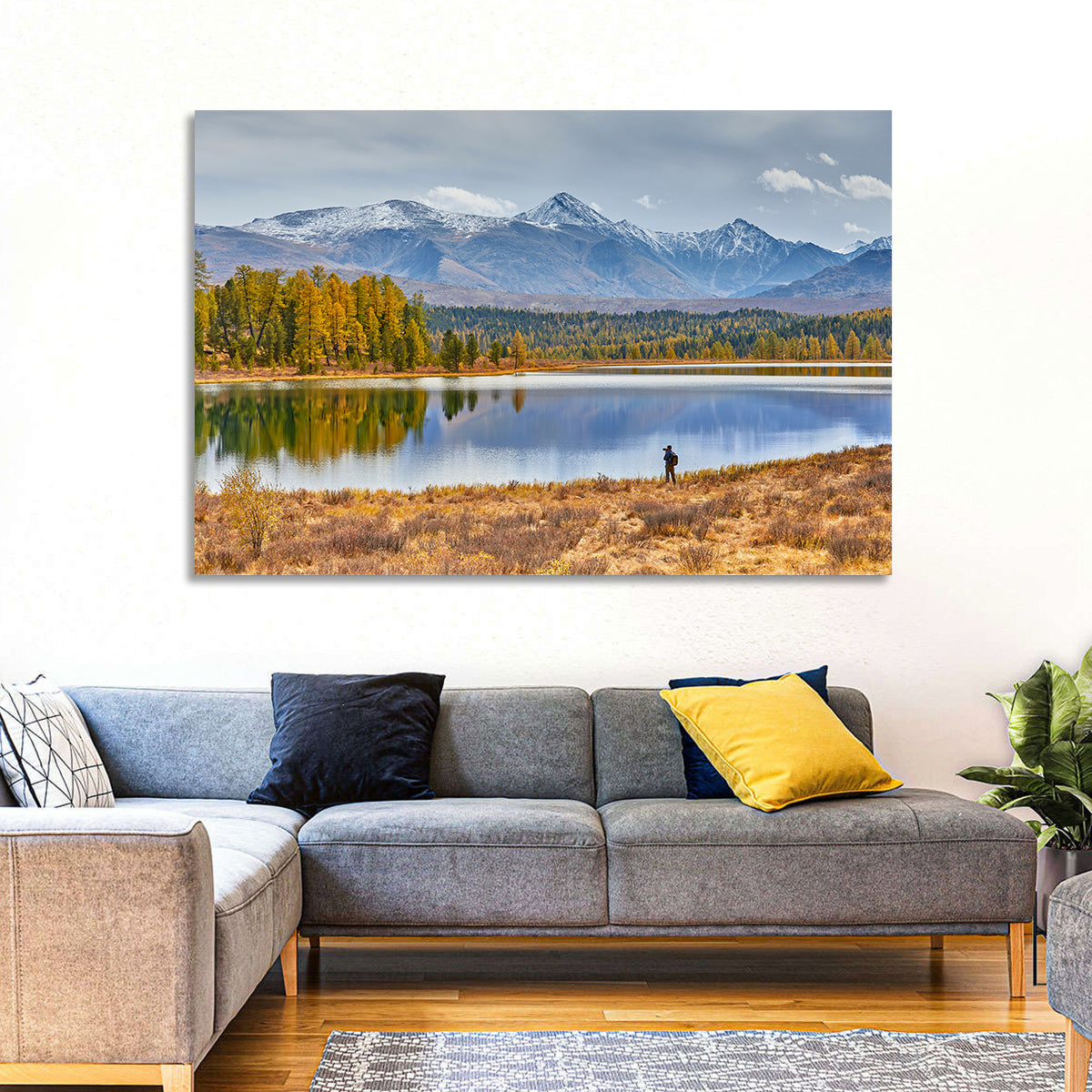 Autumn Mountain Lake Reflection Wall Art in a room, landscape