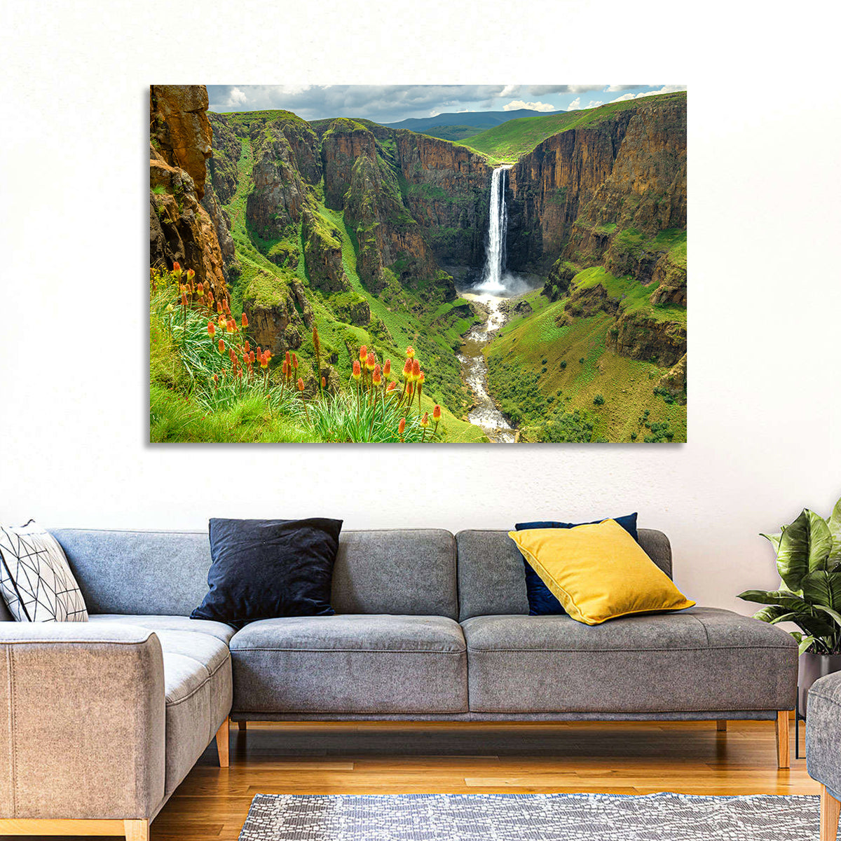 Maletsunyane Falls with Torch Lilies Wall Art in a room, landscape