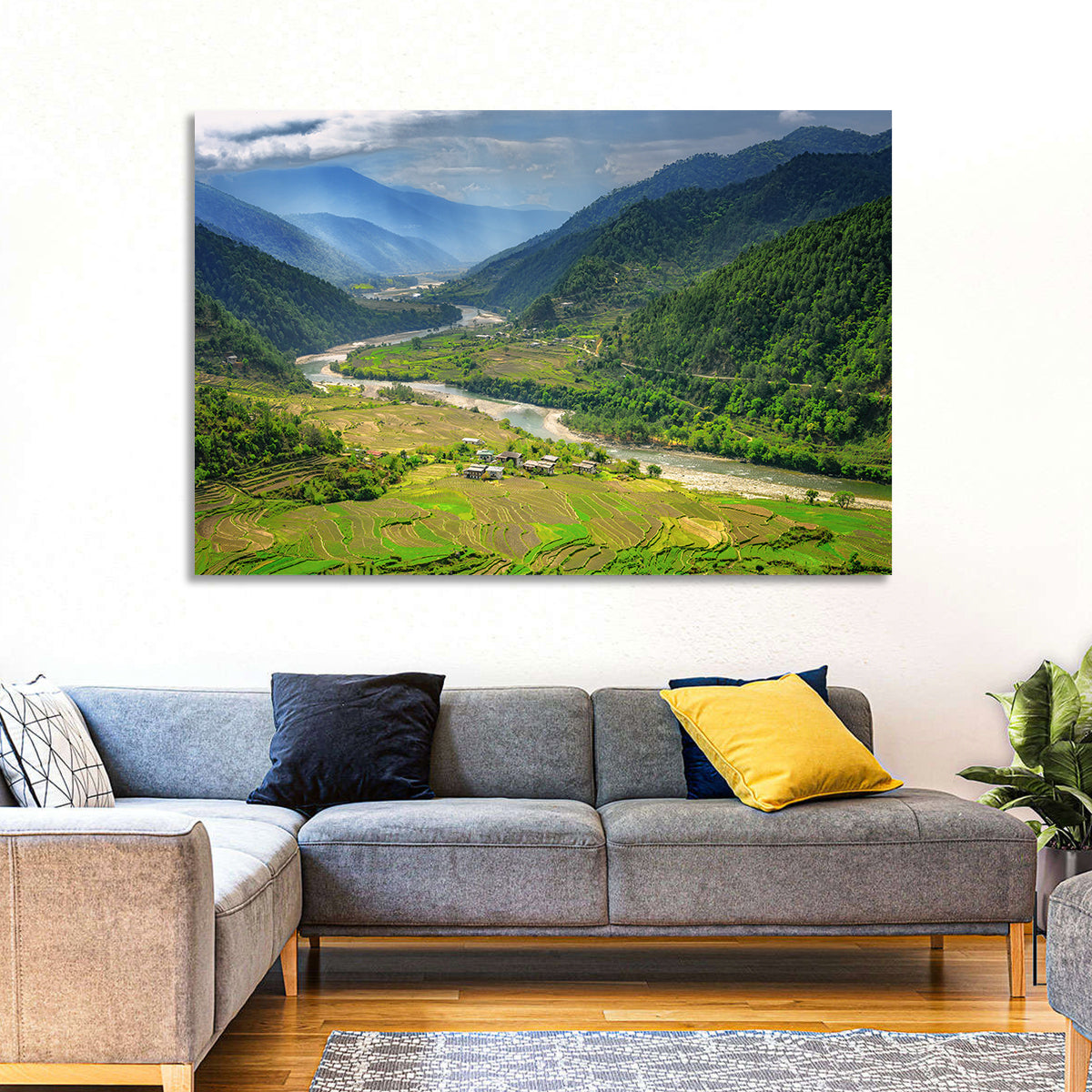 Punakha River Valley with Terraced Rice Fields Wall Art in a room, landscape