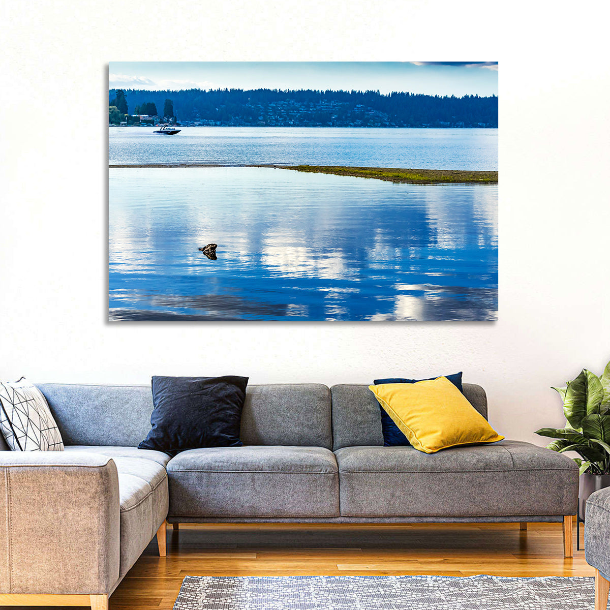 Lake Sammamish Reflection Wall Art in a room, landscape