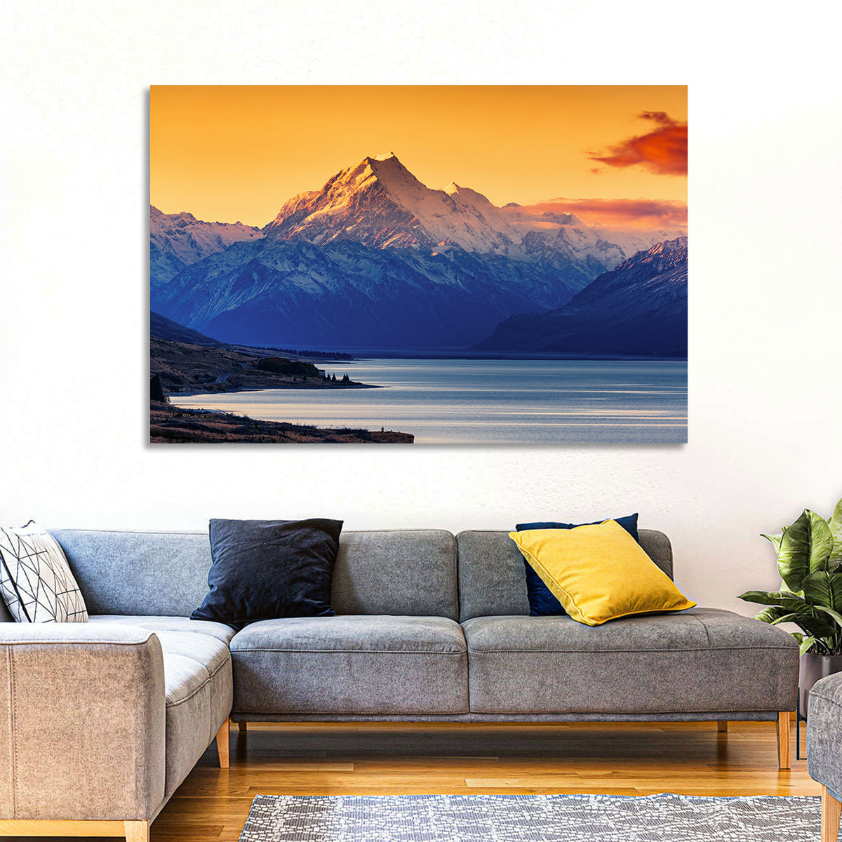 Aoraki Mount Cook Over Lake Pukaki Wall Art in a room, landscape