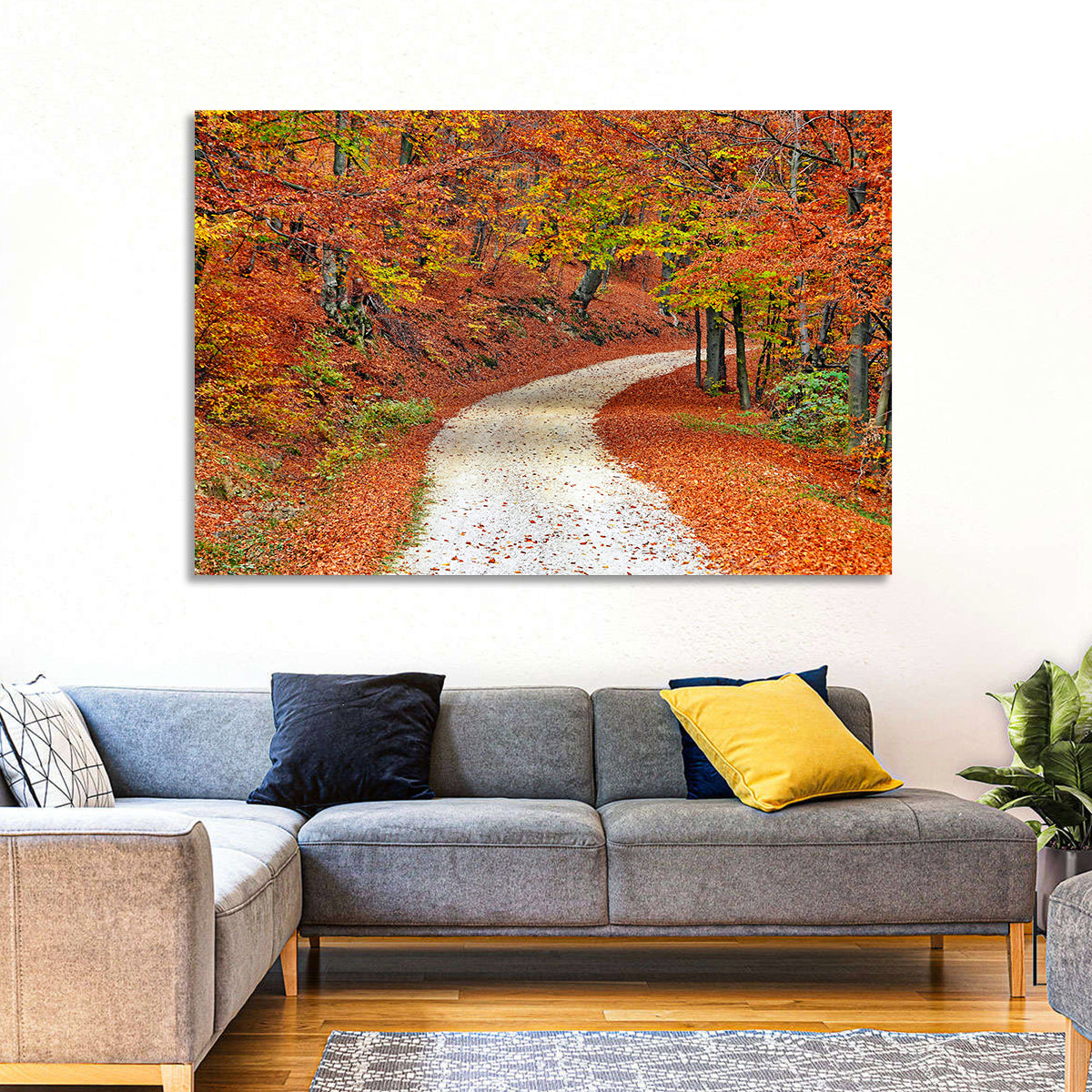Misty Gravel Path Through Autumn Trees Wall Art in a room, landscape