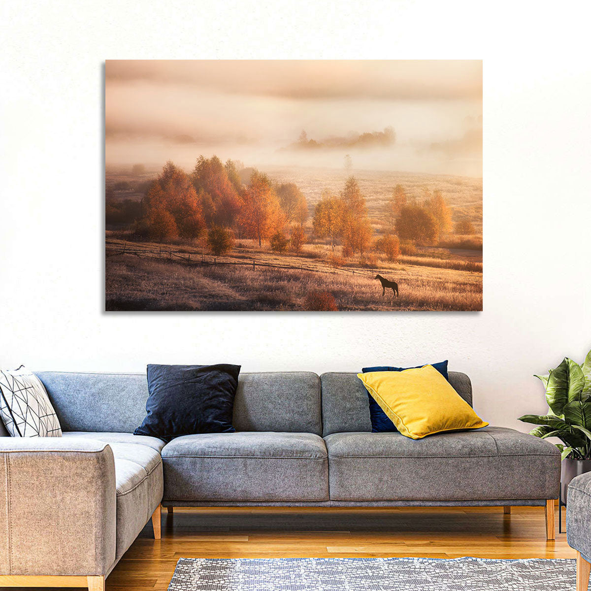 Autumn Morning Horse Silhouette Wall Art in a room, landscape