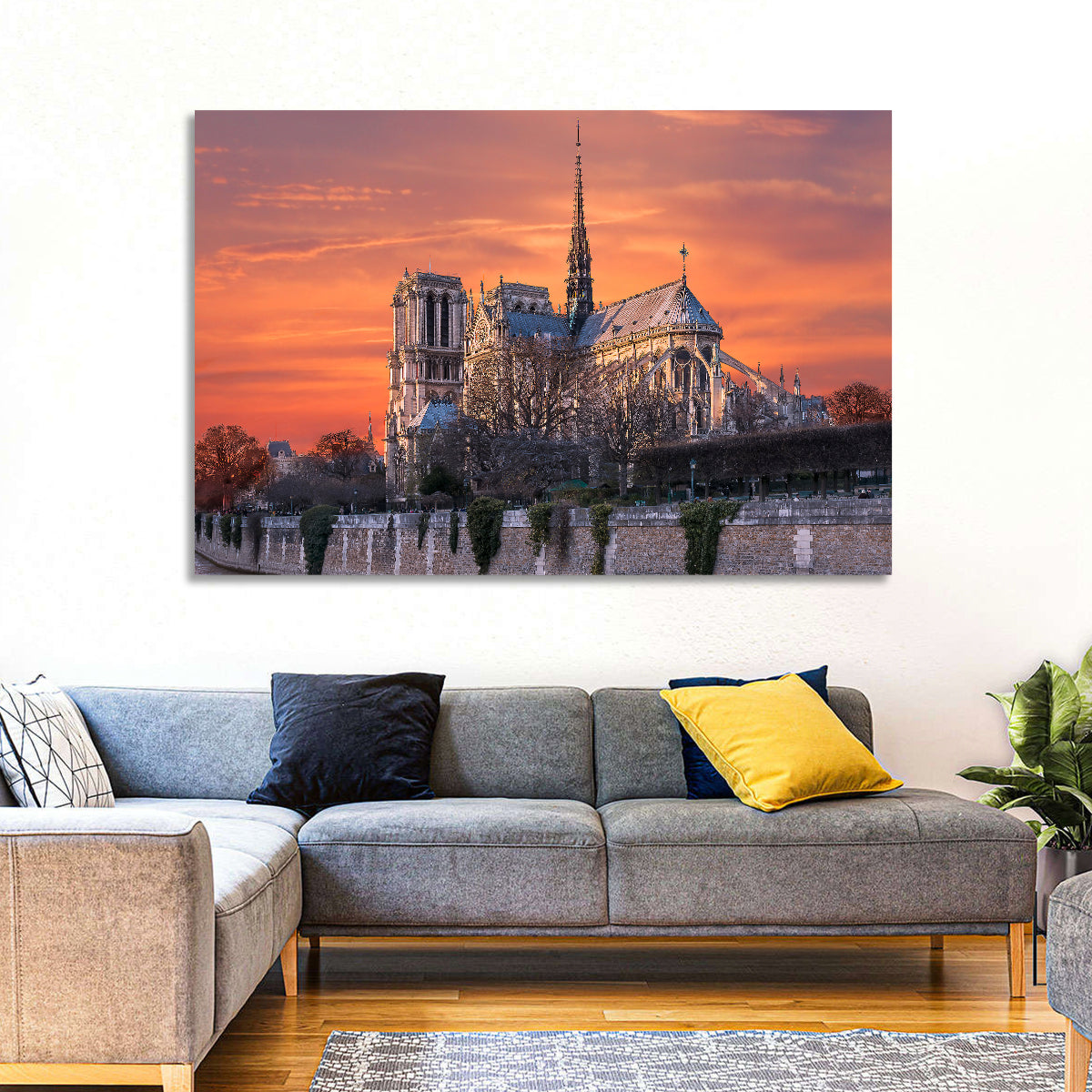 Notre-dame Cathedral at Golden Hour Wall Art in a room, landscape