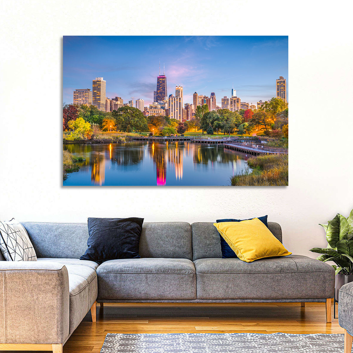 Chicago Skyline at Twilight Wall Art in a room, landscape