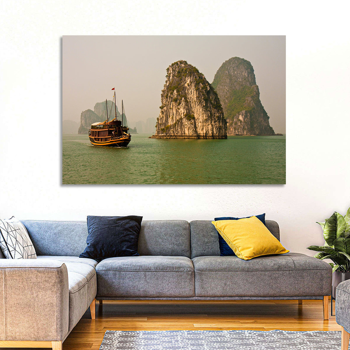 Ha Long Bay Junk Boat and Karst Cliffs Wall Art