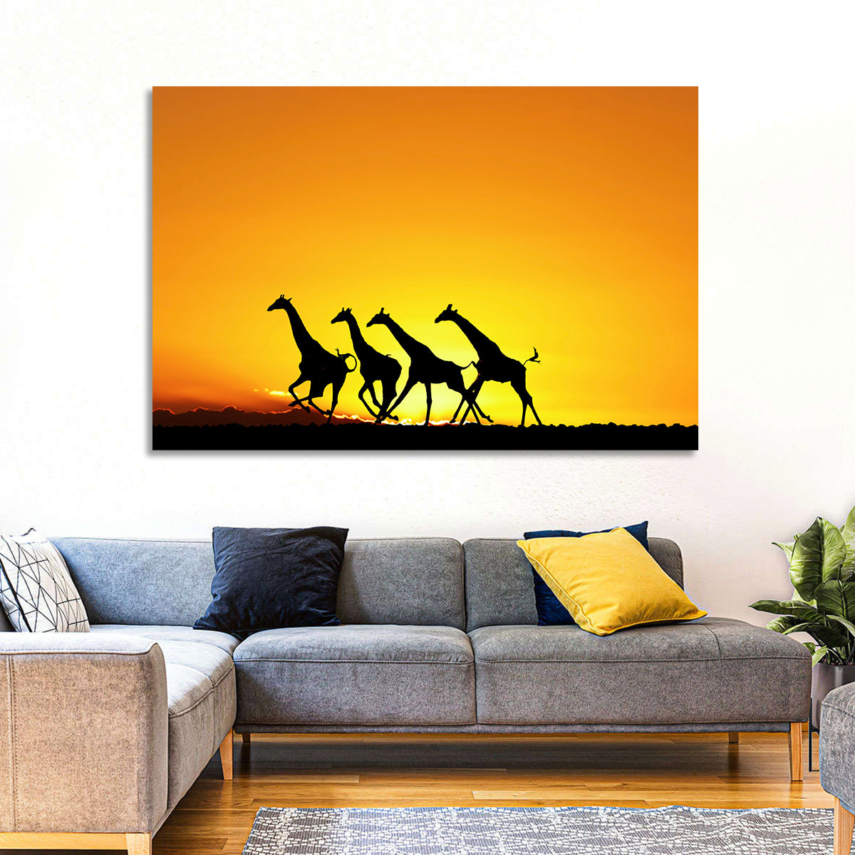 Savanna Giraffes at Sunset Wall Art in a room, landscape