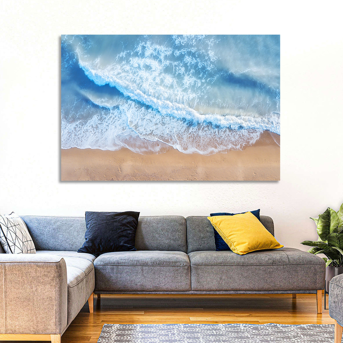 Aerial Turquoise Beach Waves Wall Art in a room, landscape