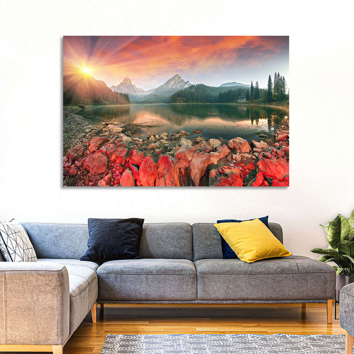 Obersee Sunrise Over Red Rocks Wall Art in a room, landscape